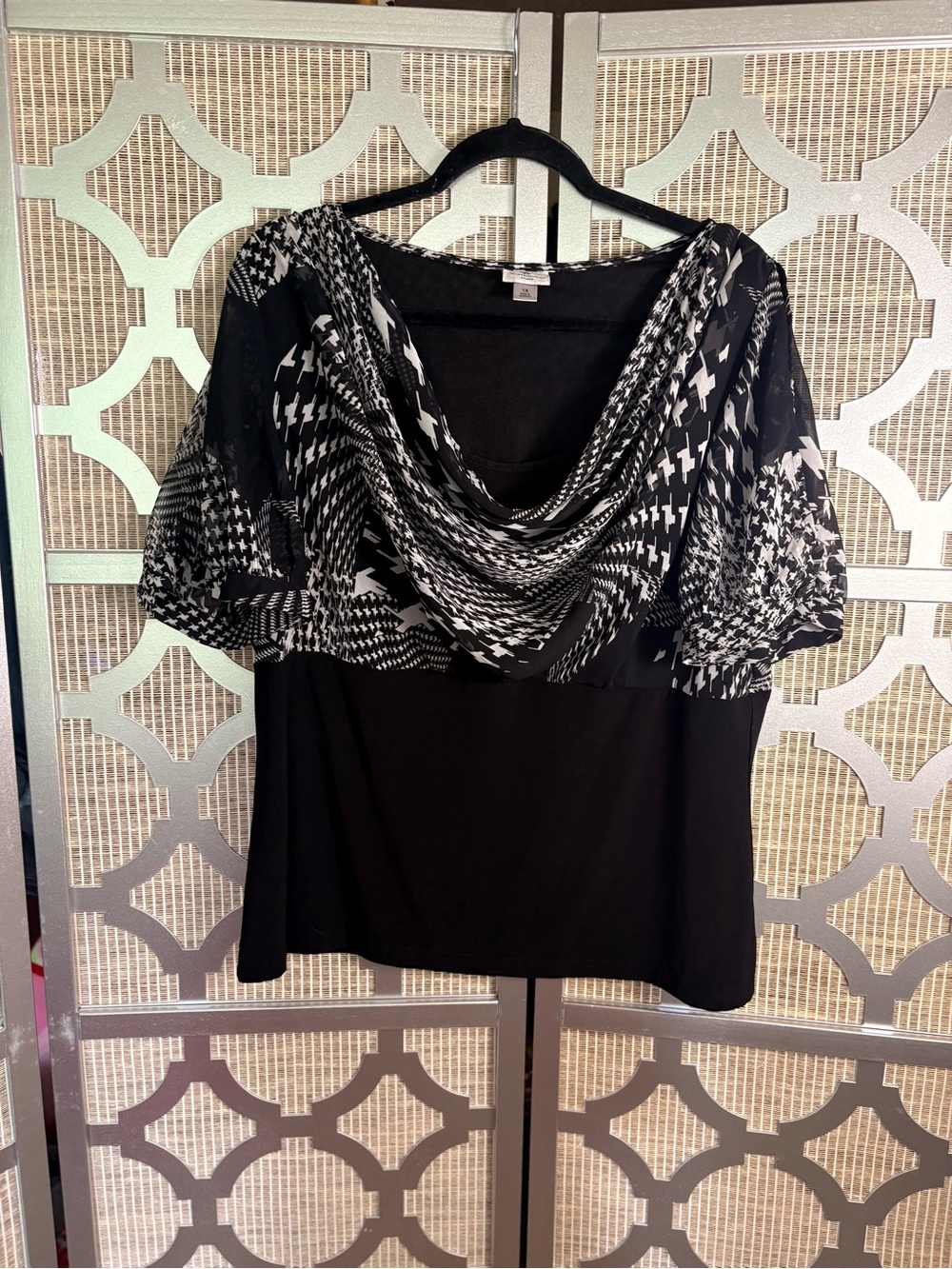 Worthington Black and White Draped Cowl Neck Blouse